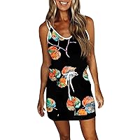 Women Summer Dresses Spaghetti V Neck Sundresses Casual Drawstring Mini Dress Sleeveless Swing Dress with Pockets