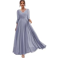 Tea Length Mother of The Bride Dresses for Wedding Chiffon Formal Dress with Sleeves V Neck Evening Gown