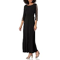 Women's Long Ruched Gown with Beaded Illusion Three Quarter Sleeve
