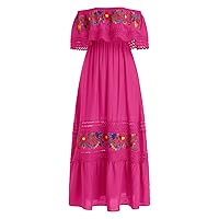 OBEEII Mexican Dress for Women Traditional Off Shoulder Floral Embroidery Long Maxi Dress Cinco de Mayo Fiesta Dress Summer Casual Party Beach Dresses Hot Pink-Embroidered L