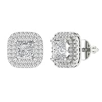 2.99 ct Princess Round Cut Double Halo Solitaire White Lab Created Sapphire Solitaire Stud Screw Back Earrings 14k White Gold