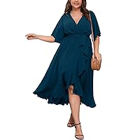 Women Plus Size Maxi Dress Summer Short Sleeve Wrap V Neck High Low Split Ruffle Hem Long Dress Lakeblue