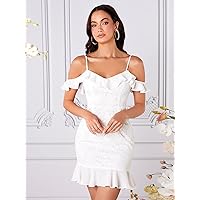 TLULY Dress for Women Cold Shoulder Ruffle Hem Lace Dress (Color : White, Size : Small)
