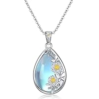 POPLYKE Daisy/Black Cat/Rose/Daffodil/Four Leaf Clover Necklace Sterling Silver Moonstone Teardrop Pendant Necklace Flower Jewelry Gifts for Women