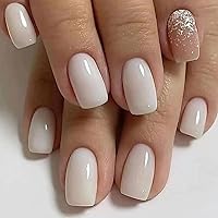 White Press On Nails Medium Square,Glossy White Fake Nails with Glitter Gradient Designs Full Cover Acrylic Nails Elegant Nude Almond False Nails White Solid Color Glue On Nails for Women 24Pcs