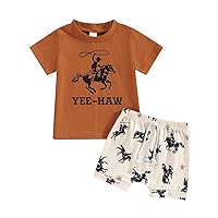 Western Baby Boy Clothes Yee Haw Short Sleeve T-Shirt Tops Ride Horse Shorts Set Toddler Cowboy Summer Outfit