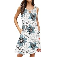 Dress for Women Casual Summer Plus Size Printed Tank Sleeveless Dress Hollow Out Loose Beach Dress with Pocket