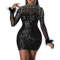 Ranfare Women Sexy Mini Bodycon Dress Turtleneck Party Dresses Clubwear mesh Dress