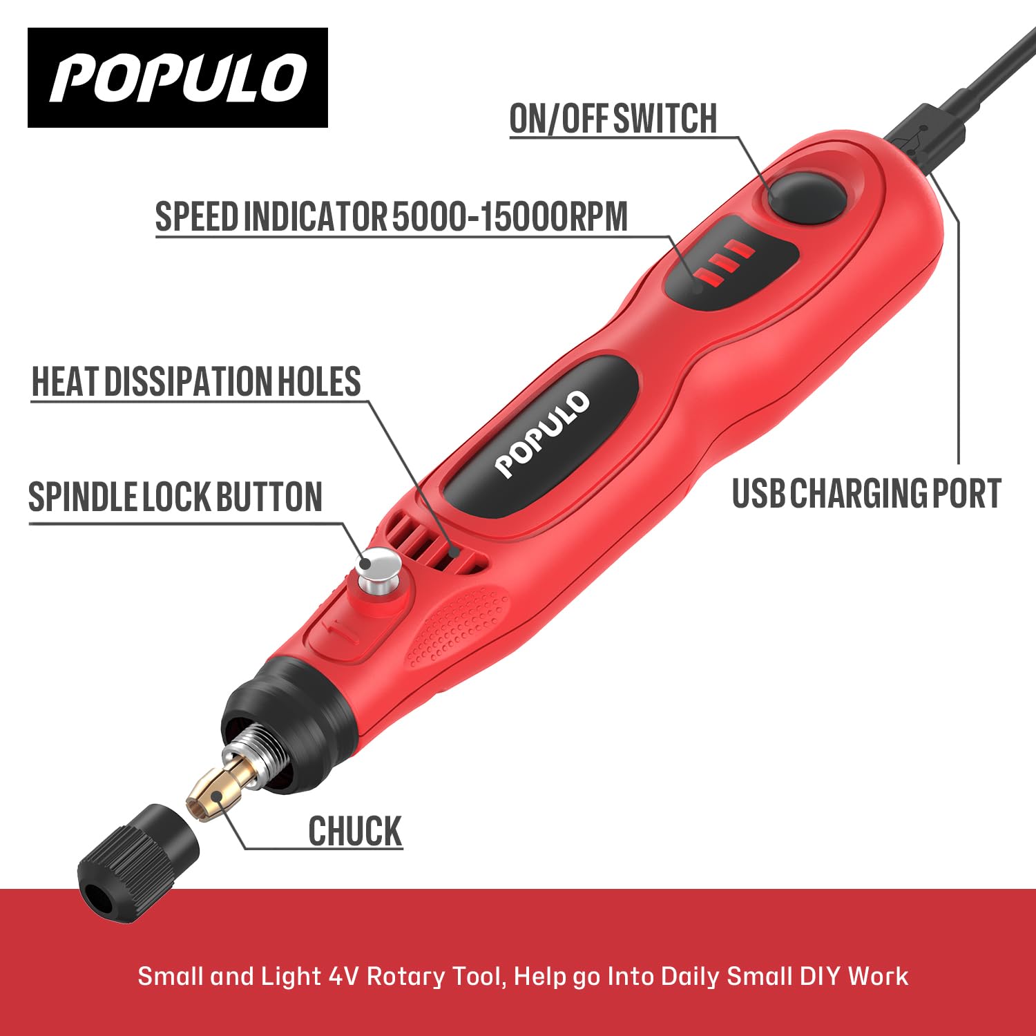 POPULO Mini Cordless Rotary Tool Portable 4V Jewelry Polishing Kit with 46 Pieces Rotary Accessory Kit, Max Speed Load up to15000 RPM,USB Charging,Engraving Pen,Polishing, Grinding, DIY Crafts