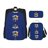 New York Flag Print 3 In 1 Set With Lunch Box Pencil Bag Casual Backpack Set For Gym Beach Travel