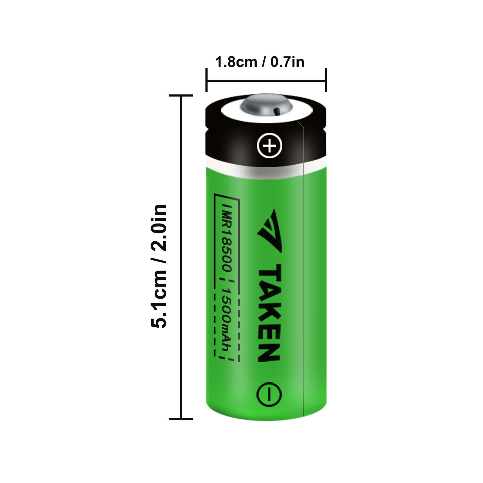 Taken 18500 Rechargeable Li-ion Battery with Charger, IMR 18500 3.7V 1500mAh Rechargeable Battery with Button Top, 8 Pack 18500 Rechargeable Batteries with 2-Ports Charger