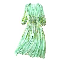 Women Dress Silk Floral Printed V Neck 3/4 Sleeve Elastic Waist Green Everyday Long Skirt 2803