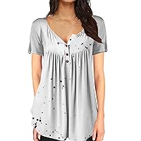 Women Chinese Ink Drops Print Flowy Henley T-Shirts Summer Short Sleeve Casual Loose Fit Button Pullover Tunic Tops