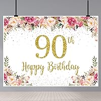8x6Ft 90th Birthday Backdrops for Women Floral Rose Gold Glitter Boken Spots Photography Background Happy Birthday Decorations Birthday Party Cake Table Decorations Photoshoot Banner