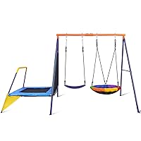 Swing Set for Backyard with Trampoline 440lbs Swing Set with Heavy-Duty Metal A-Frame Outdoor Swing Set with 1 Saucer Swing Seat 1 Swings Seat & 1 Trampoline