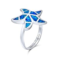 Nautical Tropical Beach Blue Created Opal Inlay Starfish Ring For Women .925 Sterling Silver
