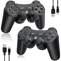 Controller 2 Pack for PS3 Wireless Controller for Sony Playstation 3, Double Shock 3, Bluetooth, Rechargeable, Motion Sensor, 360° Analog Joysticks, Remote for PS3, 2 USB Charging Cords