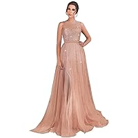 One Shoulder Sequin Long Prom Dresses for Women 2024 Sparkly Tulle High Slit Formal Maxi Evening Dress with Slit