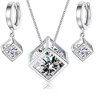 Crystalline Azuria Women 18ct White Gold Plated White Zirconia Crystals Cube Set Pendant Necklace 17.7 inches Dangle Earrings