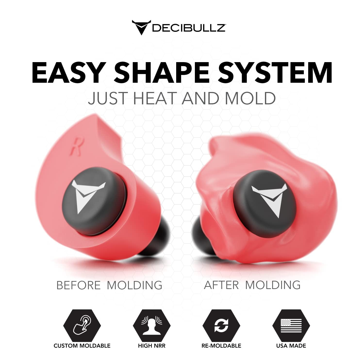 Decibullz - Custom Molded Earplugs, 31dB Highest NRR, Comfortable Hearing Protection for Shooting, Travel, Swimming, Work and Concerts (Red)