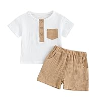 fhutpw Baby Boy Summer Outfits Henley Shirt Soft Pocket Short Sleeve Tops & Shorts Sets Infant 3 6 12 18 Months 2T Clothes (A-Khaki, 2-3 Years)
