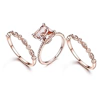 3pcs Wedding Ring Set,8mm Princess Cut Pink Morganite 14k Rose Gold Half Eternity Stacking Diamond Band