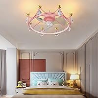 Crystal Fans with Ceiling Lights 3 Speed Kids Crown Silent Fan with Remote Control Led Dimmable Ceiling Lights with Timer for Bedroom Living Room Dining Room Fan Lighting/Pink