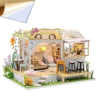 Cat Cafe Wooden Miniature Dollhouse Kit DIY Pet Cat Coffee Shop Building Model Accessories with Furniture LED Light Music Box Birthday (Include Dust Cover)