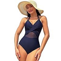 IMEKIS Wrap Spliced Mesh One-Piece Swimsuit for Women Summer Halter Sheer Tummy Control Sexy V Neck Spaghetti Strap Beachwear