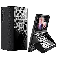Case Compatible with Samsung Galaxy Z Fold 3 5G Full Protection Shockproof Flip Cover with Kickstand,Slim Leather+PC+9H Tempered Glass,Splicing Pattern,Support Wireless Charging(Pattern-4)