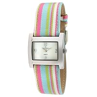 Peugeot Women's Rectangle Wrist Watch - Silver-Tone Case with Canvas Ribbon Strap
