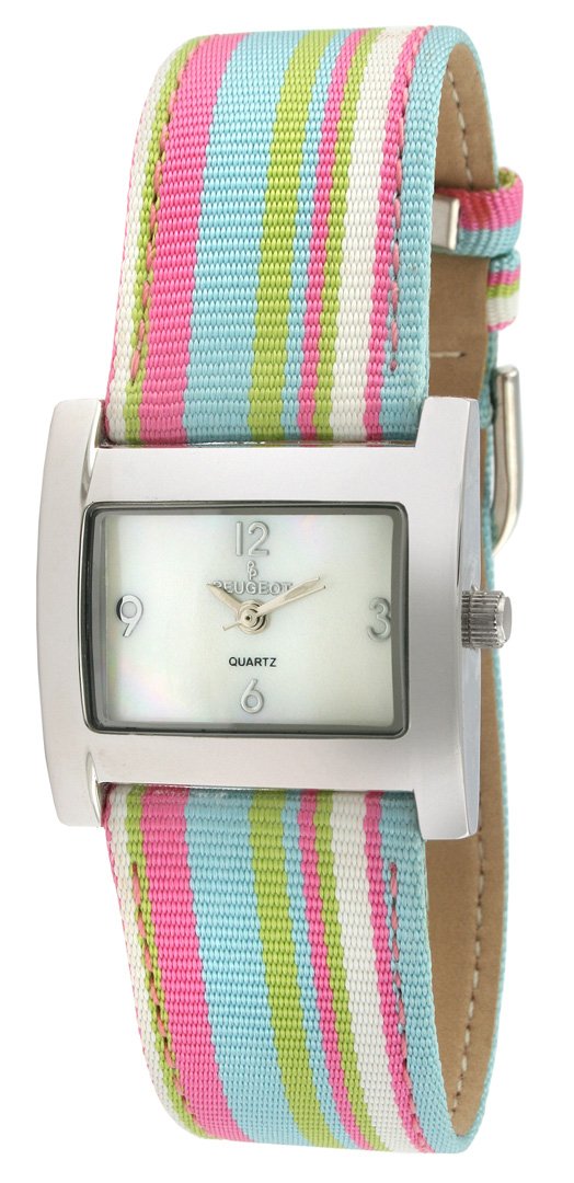Peugeot Women's Rectangle Wrist Watch - Silver-Tone Case with Canvas Ribbon Strap