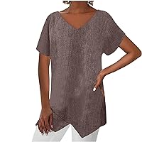 Women's Cotton Linen Shirt High Low Hem Split Asymmetrical Tee Tops Summer Casual V Neck Short Sleeve Blouses Tunic