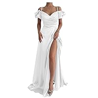 Tsbridal Gorgeous Spaghetti Straps Pleated Slit Prom Dresses with Beads Long 2024 Satin Formal Evening Gowns