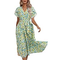 ZOCAVIA Womens V Neck Short Sleeve Boho Midi Dresses Casual Summer High Waist Flowy Dress S-XXL