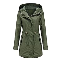 Women's Long Rain Coat Zipper Button Down Trench Coat 2023 Fall Drawstring Waist-Defined Hooded Waterproof Jackets
