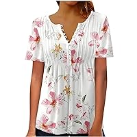 Womens Henley Shirts Vintage Floral Print Short Sleeve Tee Tops Buttons Down Tshirt V Neck Pleated Blouse Dressy Casual Tunic