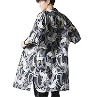 Summer Kimono Jacket Men Cardigan Casual Coat Short Sleeved Crane Printed Thin Sunscreen Windbreaker