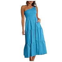 Vacation Dresses for Women 2024 Summer One Shoulder Sleeveless Smocked Long Dress Sexy Casual Aline Maxi Sundresses