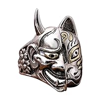 Two Tone 925 Sterling Silver Japanese Mask Ring Hannya Demon Kitsune Fox Half Face Ring with Sakura Flowers Punk Gothic Jewelry for Men Women Size 8-11.5