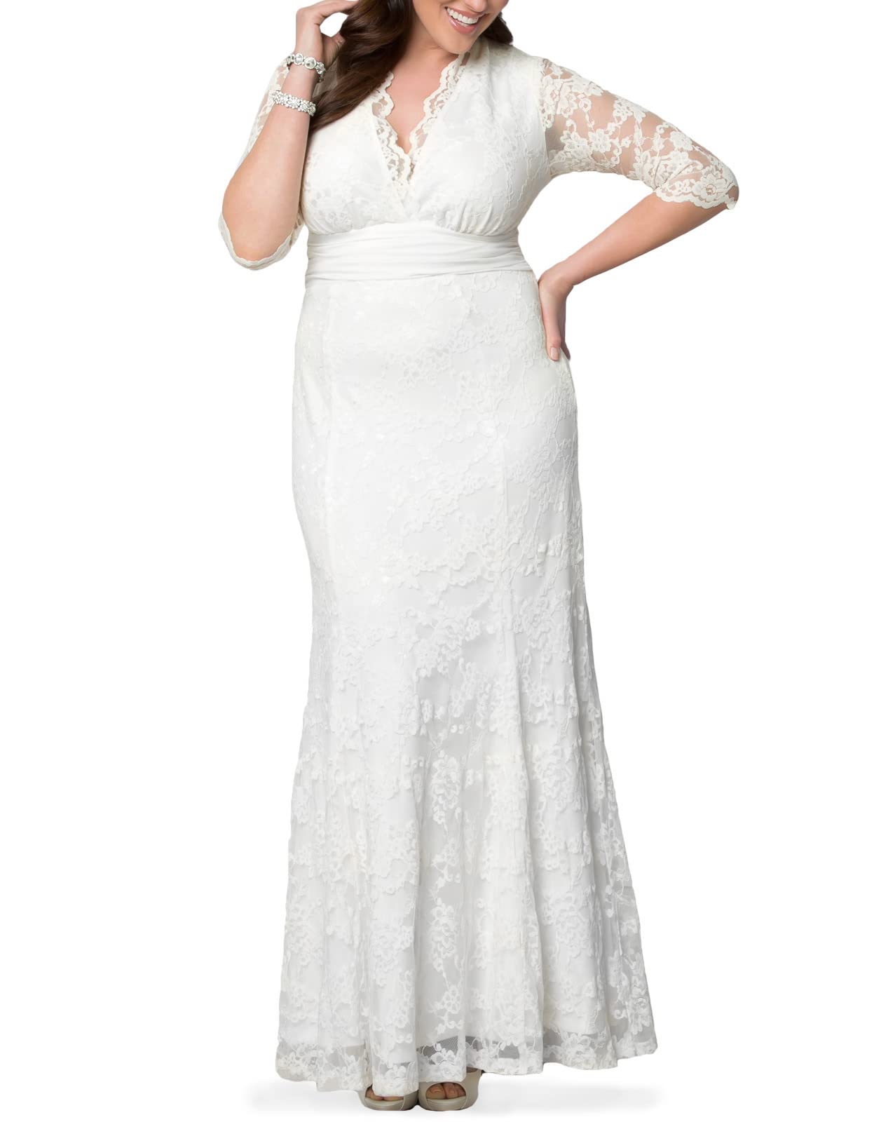 Kiyonna Women's Plus Size Amour Long Lace Wedding Gown, Bridal Dress with 3/4 Long Sleeves in Ivory Vintage-Inspired Lace