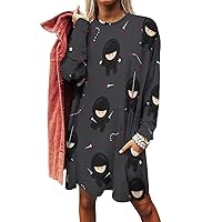 Ninja Women's Long Sleeve T-Shirt Dress Casual Tunic Tops Loose Fit Crewneck Sweatshirts with Pockets