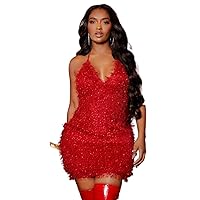 TLULY Dress for Women Tie Backless Sequin Halter Bodycon Dress (Color : Red, Size : Large)