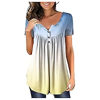 Summer Shirts for Women Casual Henley Neck Short Sleeve Trendy Regular Fit Gradient Womens Blouses and Tops Casual