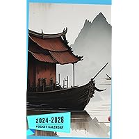 Pocket Calendar 2024 - 2026 With Moon Phase: Three-Year Monthly Planner for Purse , 36 Months from January 2024 to December 2026 | Chinese ink painting | Ninh Binh town | Boat | Red sun