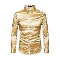PlMen Silk Satin Smooth Solid Tuxedo Business Shirt, Casual Slim Fit Gold Wedding Dress Shirts
