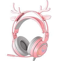 Stereo Gaming Headset for PS4 PC Xbox One PS5 Controller, Noise Cancelling Over Ear Headphones with Mic, LED Light, Bass Surround, Soft Memory Earmuffs for Laptop Mac Nintendo (Pink Antlers)
