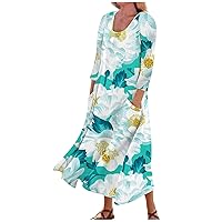 Summer Dresses for Women 2024 Printed 3/4 Sleeve Dresses with Pocket Casual Trendy Sun Dress Swing Lightweight Dress