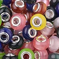 Adabus Mixed Color Silver Core Opal Natural Round Cat Eye Plastic Resin Beads Spacer for Making DIY Jewelry European Bracelets Handmade - (Color: 50pcs Mix)