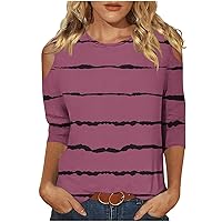 Womens Tops 3/4 Sleeve Crewneck Cute Shirts Casual Trendy Striped Print Dressy Blouses Three Quarter Length T Shirt